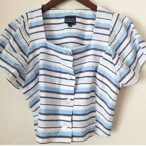 COCO BIANCO Women's Short Puffed Sleeve Square Neck Striped Linen Top Size M